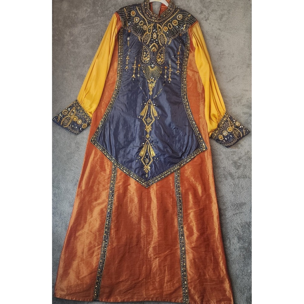 Kashkha Abaya Dress Womens Large Orange Blue Yellow Beaded Embellished Maxi